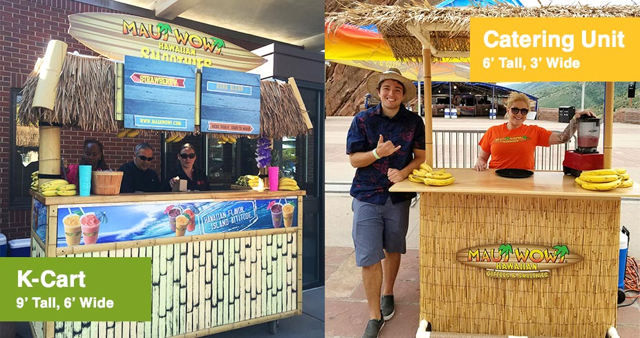 Two images side by side. Left is a K-Cart with dimensions labeled as 9 feet tall by 6 feet wide. Right is a Catering Unit labeled 6 feet tall by 3 feet wide. Both are staffed by two smiling employees each. 